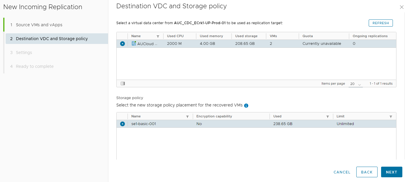 destination VDC and Storage policy